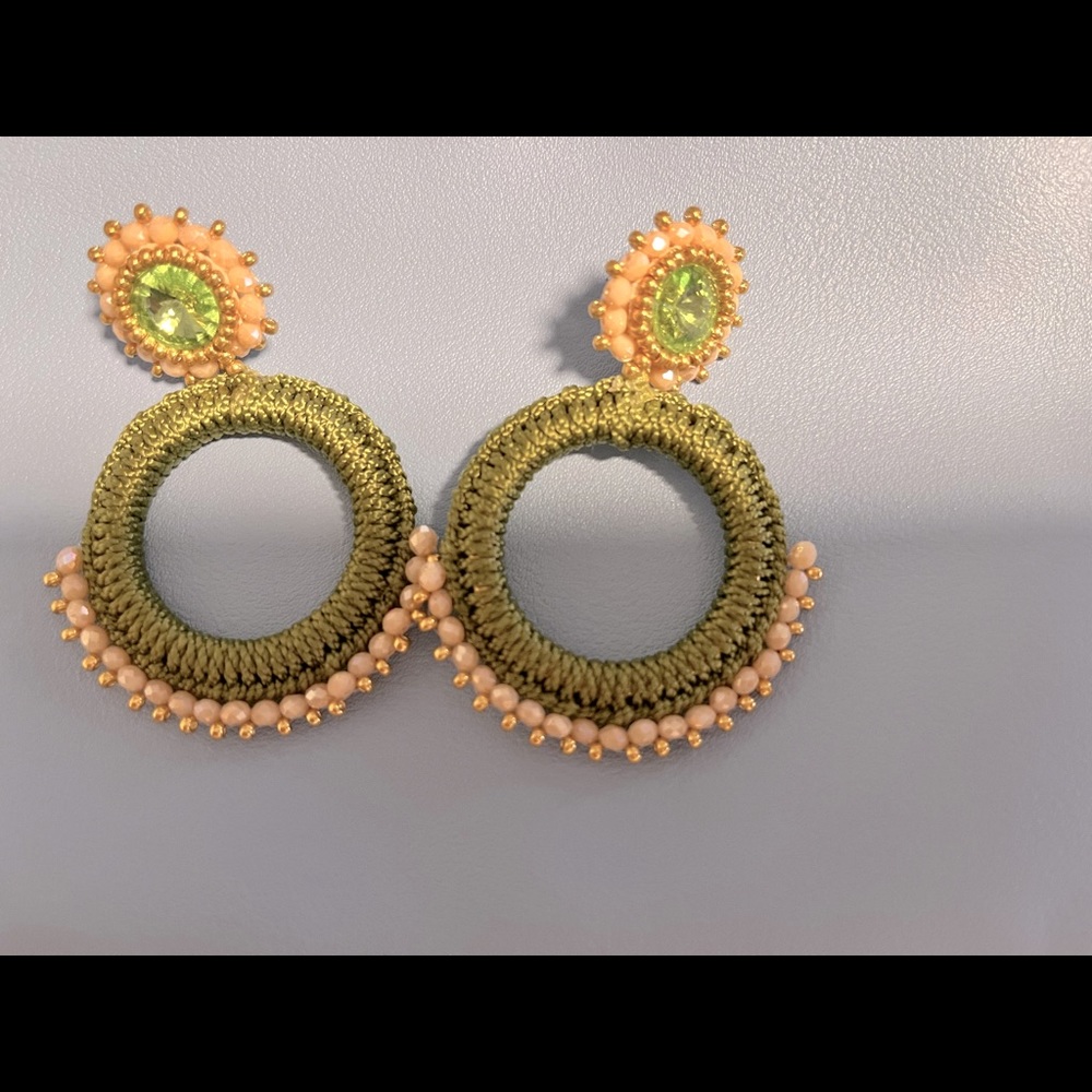 Handmade, olive colored post style hoops. The stones are a cream.